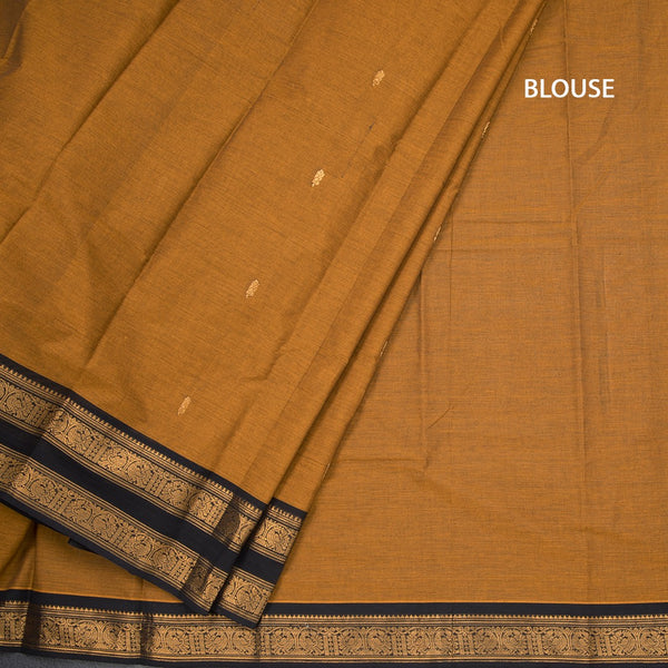 Kanchi Cotton Golden Brown Saree With Zari Buttas And Rettapet Border