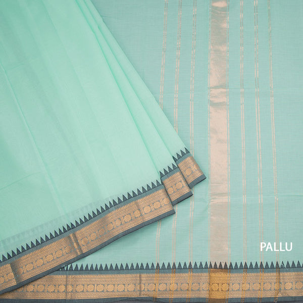 Kanchi Cotton Mint Green Plain Saree And Temple Border