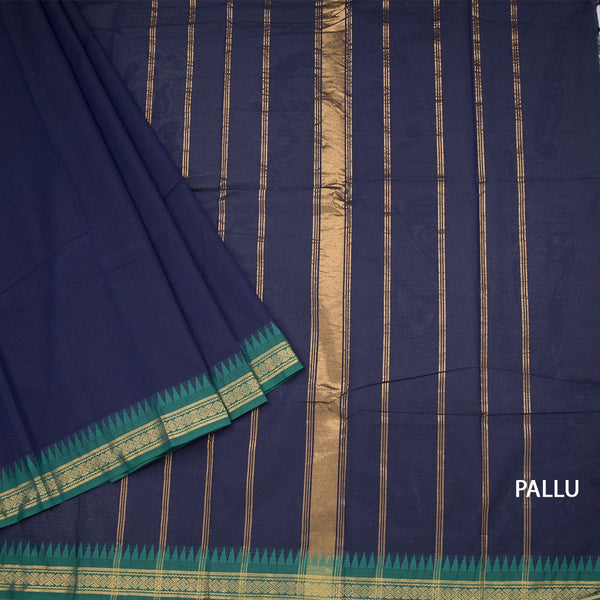 Kanchi Cotton Navy Blue Plain Saree And Temple Border