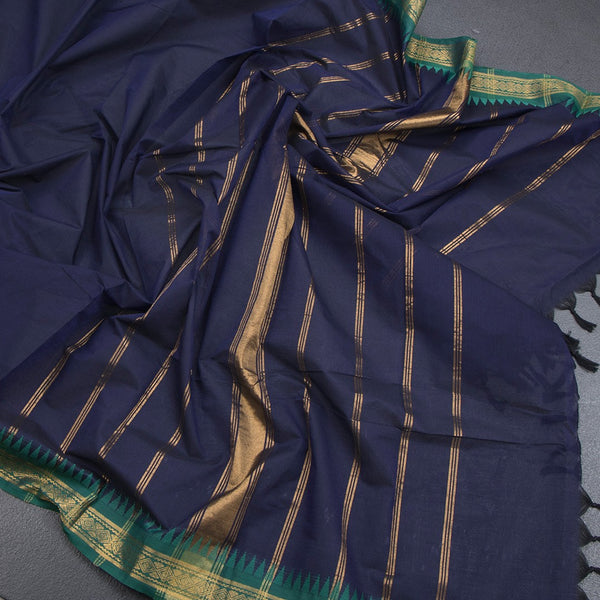 Kanchi Cotton Navy Blue Plain Saree And Temple Border - Kumaran Silks