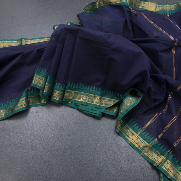 Kanchi Cotton Navy Blue Plain Saree And Temple Border