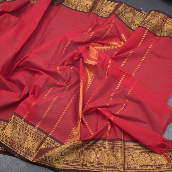 Kanchi Cotton Red Plain Saree And Zari Border - Kumaran Silks