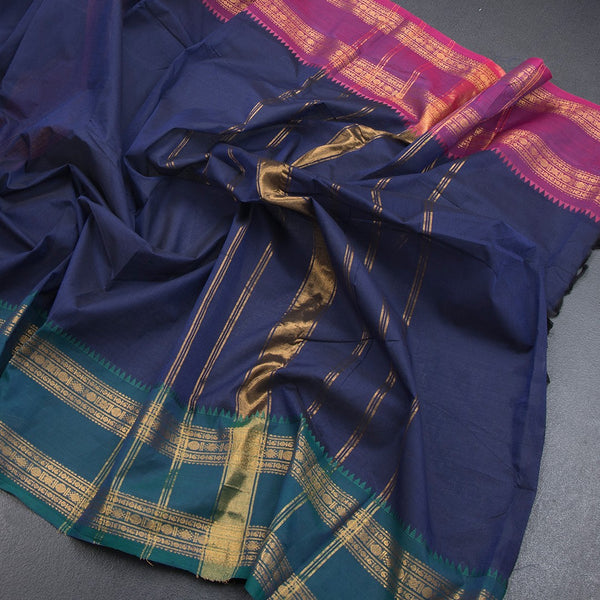 Kanchi Cotton Dark Blue Plain Saree With Two Colour Border - Kumaran Silks