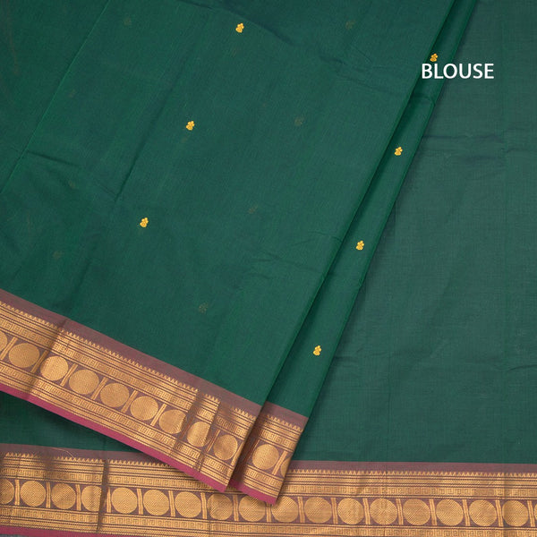 Kanchi Cotton Dark GreenSaree With Thread Buttas And Zari Border 02