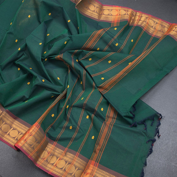 Kanchi Cotton Dark Green Saree With Thread Buttas And Zari Border 02 - Kumaran Silks