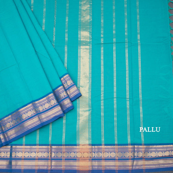 Kanchi Cotton Peacock Blue Plain Saree And Zari Border