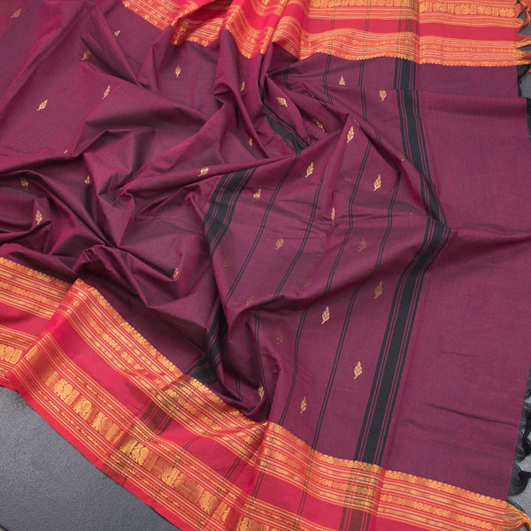 Kanchi Cotton Dark Pink Saree With Zari Buttas And Zari Border 02 - Kumaran Silks