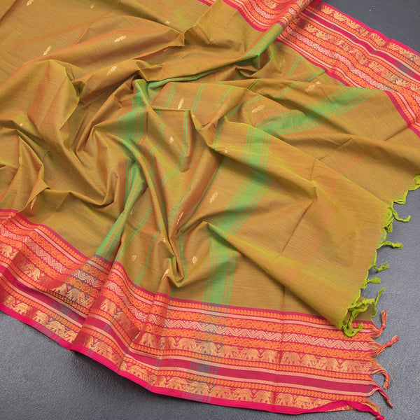 Kanchi Cotton Shot Colour Saree With Zari Buttas And Zari Border 02 - Kumaran Silks