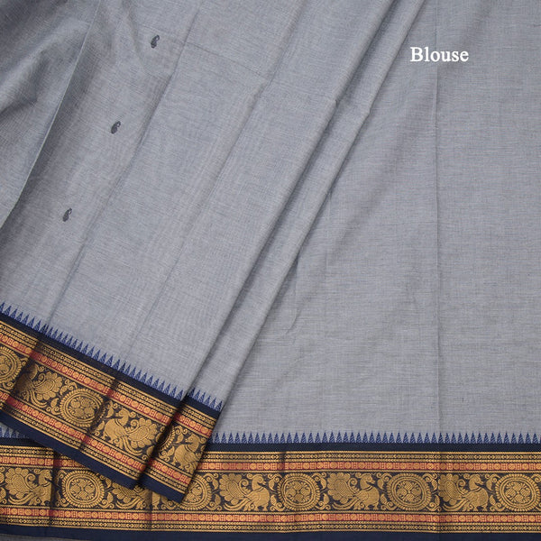 Kanchi Cotton Grey Saree With Thread Buttas And Temple Border