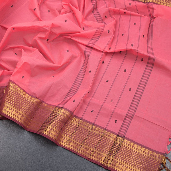 Kanchi Cotton Rose Pink Saree With Thread Buttas And Zari Border - Kumaran Silks