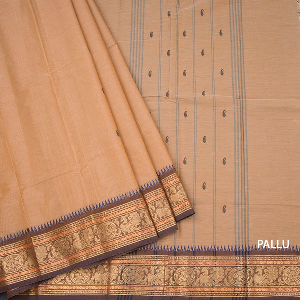 Kanchi Cotton Brown Saree With Thread Buttas And Temple Border