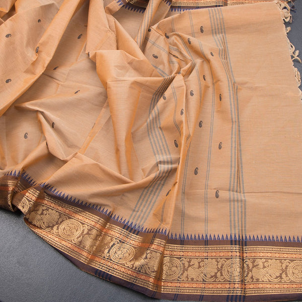 Kanchi Cotton Brown Saree With Thread Buttas And Temple Border