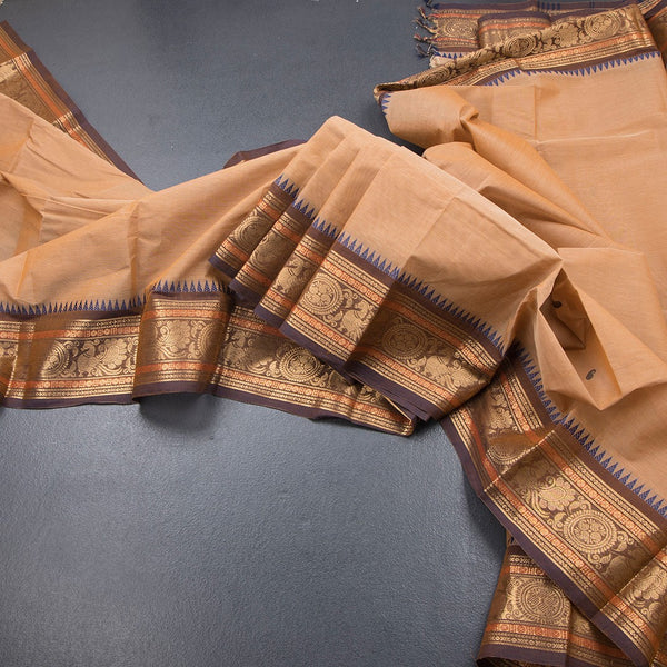 Kanchi Cotton Brown Saree With Thread Buttas And Temple Border