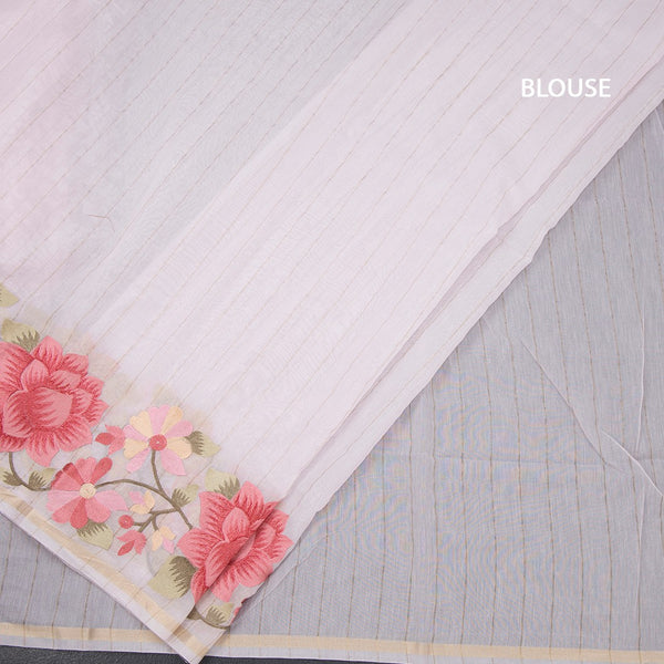 Linen Baby Pink Zari Stripes Saree And Thread Embroidered Border
