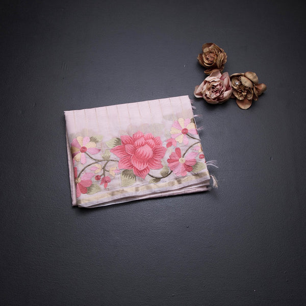 Linen Light Pink Zari Stripes Saree And Thread Embroidered Border