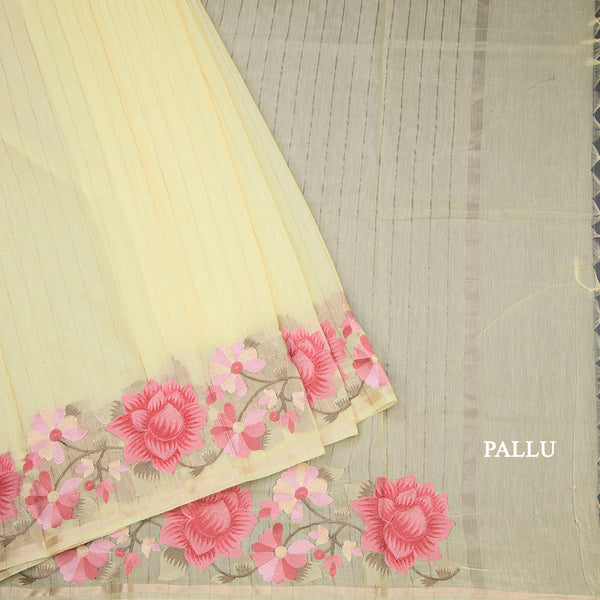 Linen Yellow Zari Stripes Saree And Thread Embroidered Border