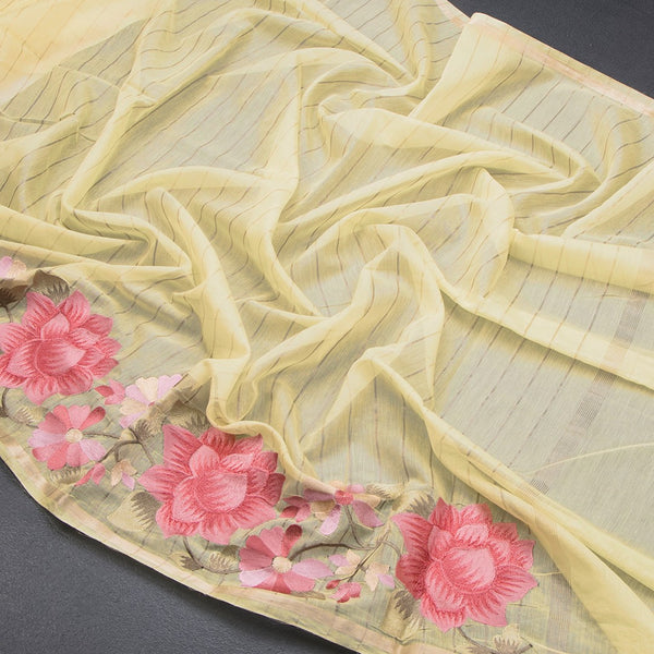 Linen Yellow Zari Stripes Saree And Thread Embroidered Border - Kumaran Silks
