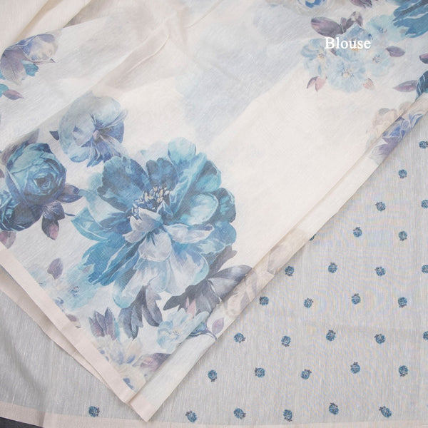 Raw Silk Cream Floral Printed Saree With Ribbon Border 06