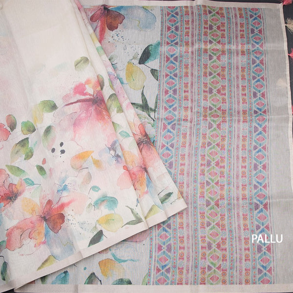 Raw Silk Cream Floral Printed Saree With Ribbon Border 07