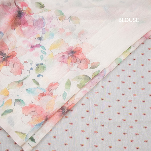 Raw Silk Cream Floral Printed Saree With Ribbon Border 07