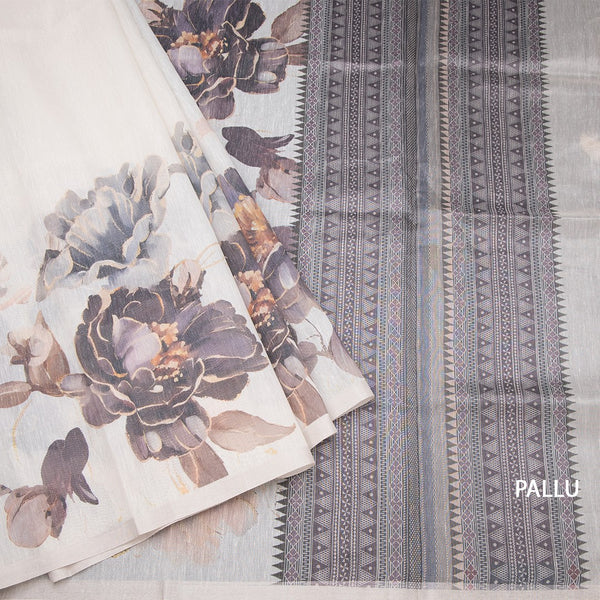 Raw Silk Cream Floral Printed Saree With Ribbon Border 04