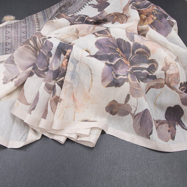 Raw Silk Cream Floral Printed Saree With Ribbon Border 04