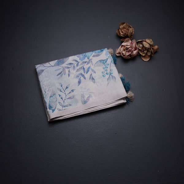 Raw Silk Cream Floral Printed Saree With Ribbon Border 05