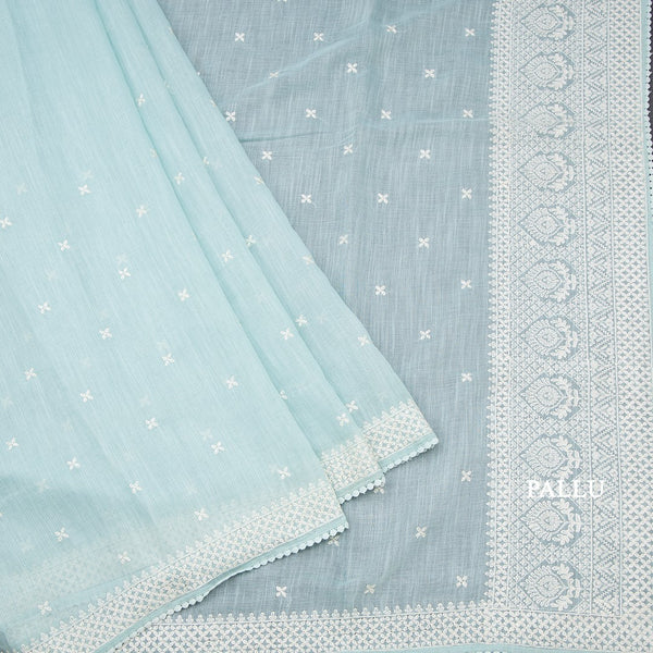 Semi Linen Powder Blue Thread Work Saree
