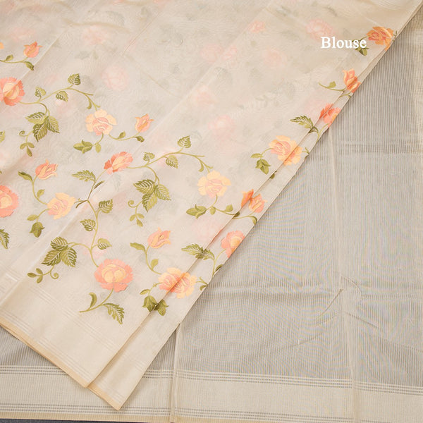Linen Sandal Floral Embroidered Saree And Zari Border 02