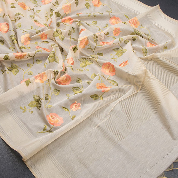 Linen Sandal Floral Embroidered Saree And Zari Border 02 - Kumaran Silks