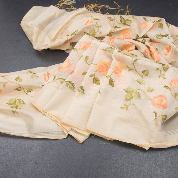 Linen Sandal Floral Embroidered Saree And Zari Border 02