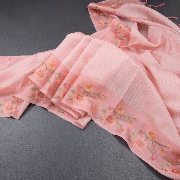 Tussar Peach Saree With Stone Buttas And Thread Border