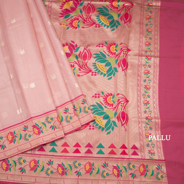 Tissue Light Peach Stripes Saree With Zari Buttas And Banaras Border