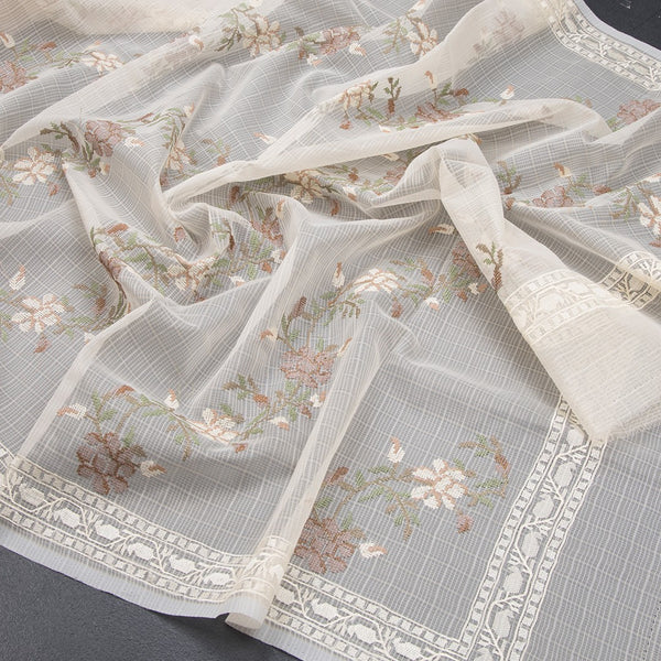 Kota Cream Floral Thread Work Saree - Kumaran Silks