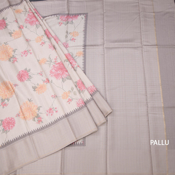 Tussar Cream Floral Printed Saree And Zari Checks Border