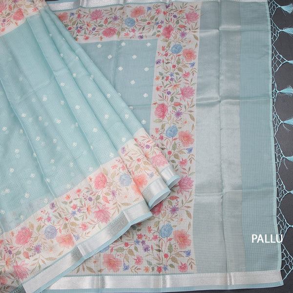 Kota Powder Blue Saree With Thread Buttas And Printed With Zari Border
