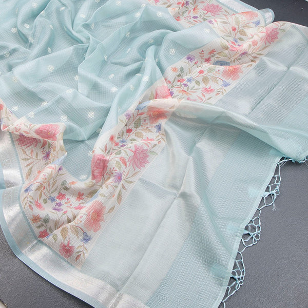 Kota Powder Blue Saree With Thread Buttas And Printed With Zari Border - Kumaran Silks