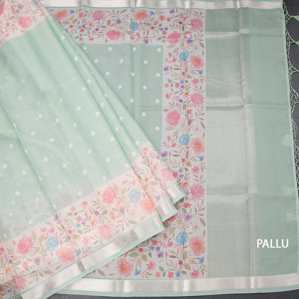 Kota Mint Green Saree With Thread Buttas And Printed With Zari Border