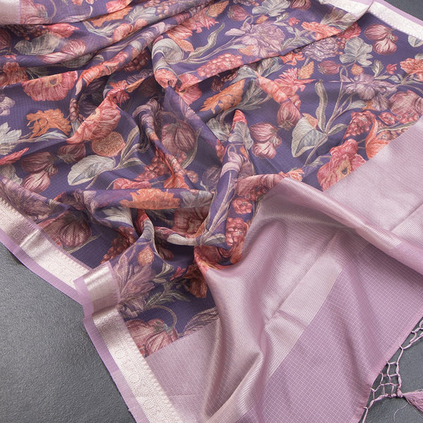Kota Purple Floral Printed Saree And Zari Border - Kumaran Silks