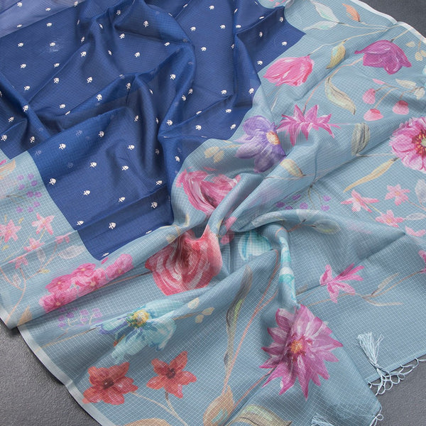 Kota Ink Blue Saree With Thread Buttas And Printed Border - Kumaran Silks