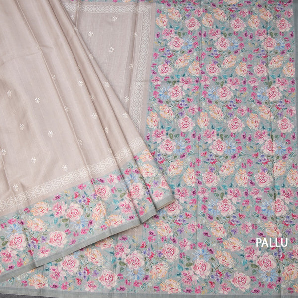 Tussar Light Brown Saree With Thread Buttas And Printed Border