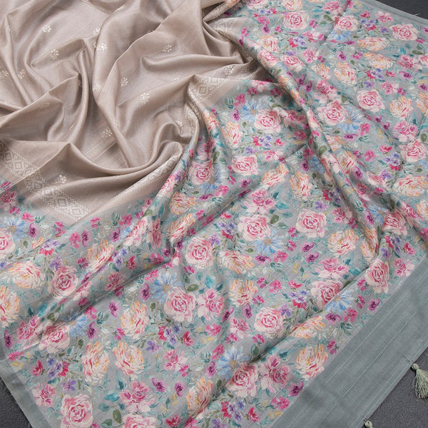 Tussar Light Brown Saree With Thread Buttas And Printed Border - Kumaran Silks