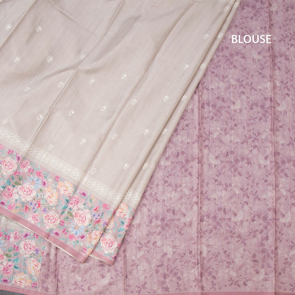Tussar Light Brown Saree With Thread Buttas And Printed Border 02