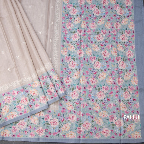 Tussar Light Brown Saree With Thread Buttas And Printed Border 03