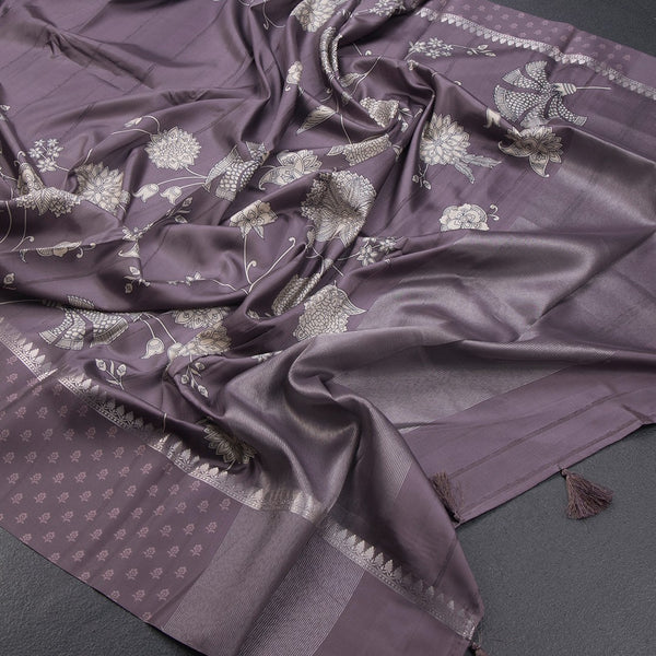 Raw Silk Wine Colour Floral Printed Saree 02 - Kumaran Silks
