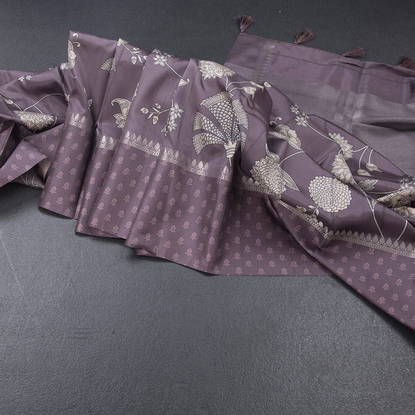 Raw Silk Wine Colour Floral Printed Saree 02