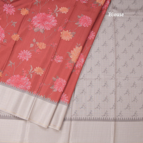 Tussar Maroon Floral Printed Saree And Zari Checks Border