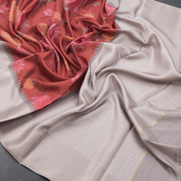 Tussar Maroon Floral Printed Saree And Zari Checks Border - Kumaran Silks