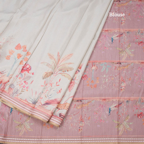 Raw Silk Cream Printed Saree With Forest Design 02