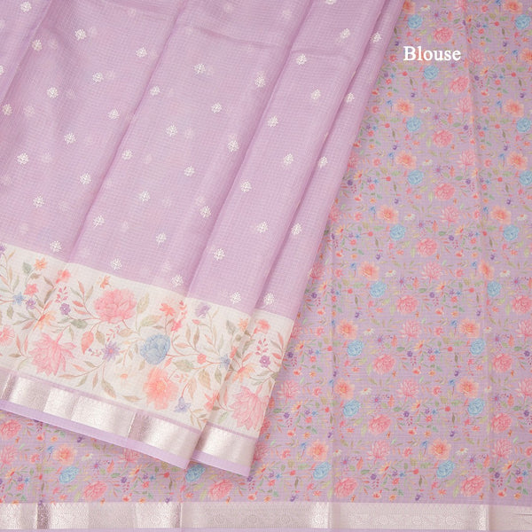 Kota Lavender Saree With Thread Buttas And Printed With Zari Border